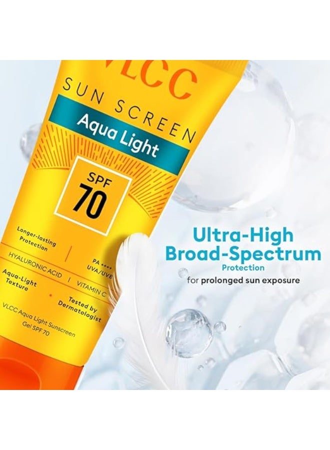 فى ال سي سي جل واقي من الشمس VLCC Aqua Light بعامل حماية SPF 70 PA++++ | حماية فائقة من الأشعة فوق البنفسجية لجميع أنواع البشرة | لا يترك طبقة بيضاء | غير دهني، سريع الامتصاص | حمض الهيالورونيك وفيتامين سي | مقاوم للعرق والرطوبة - 100 غرام - Image 3